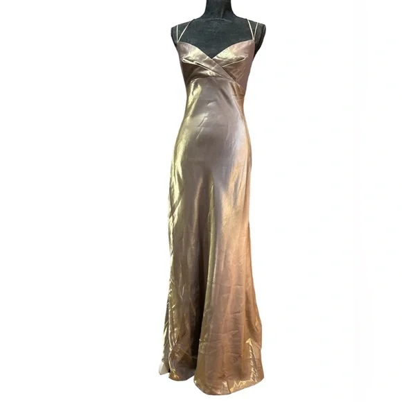 faviana gold dress Gold Strapless Mermaid Satin Dress With Sequin Appliqué